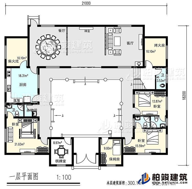 一层:客厅,餐厅,烤火房,厨房,4卫生间,3卧室,杂物间,棋牌室,保姆房