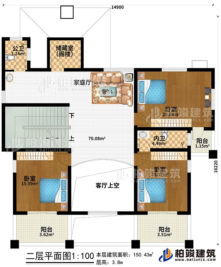 二层:家庭厅、内卫、公卫、储藏室(阁楼)、3卧室、客厅上空、3阳台