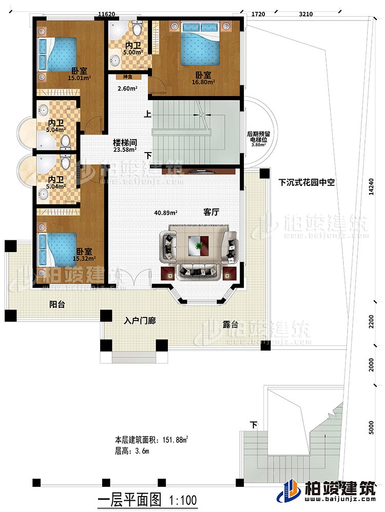 一层:入户门廊、阳台、露台、客厅、楼梯间、神龛、3卧室、3内卫、后期预留电梯位、下沉式花园中空