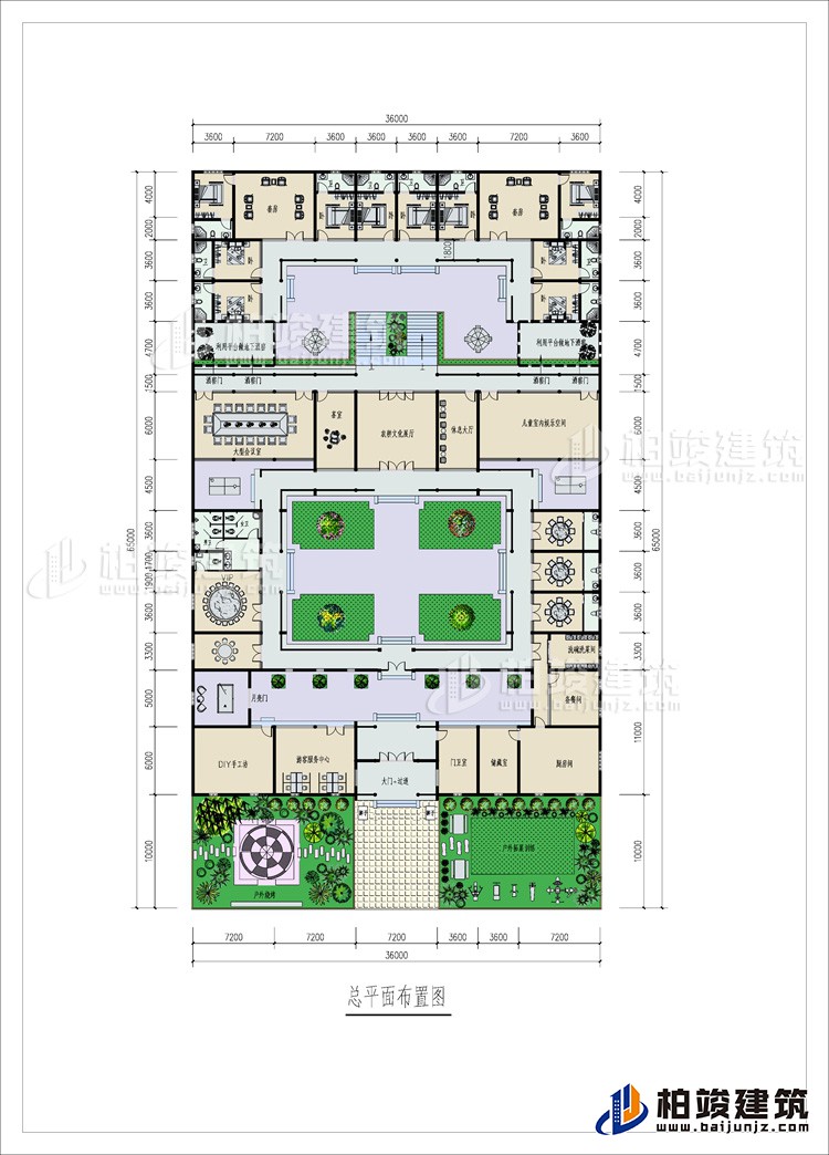 一层:2户外花园、大门+砖碉、门卫室、游客服务中心、手工坊、3储藏间、5餐厅、公卫、13内卫、大型会议室、茶室、文化大厅、休息大厅、儿童室内娱乐空间、客厅、10卧室