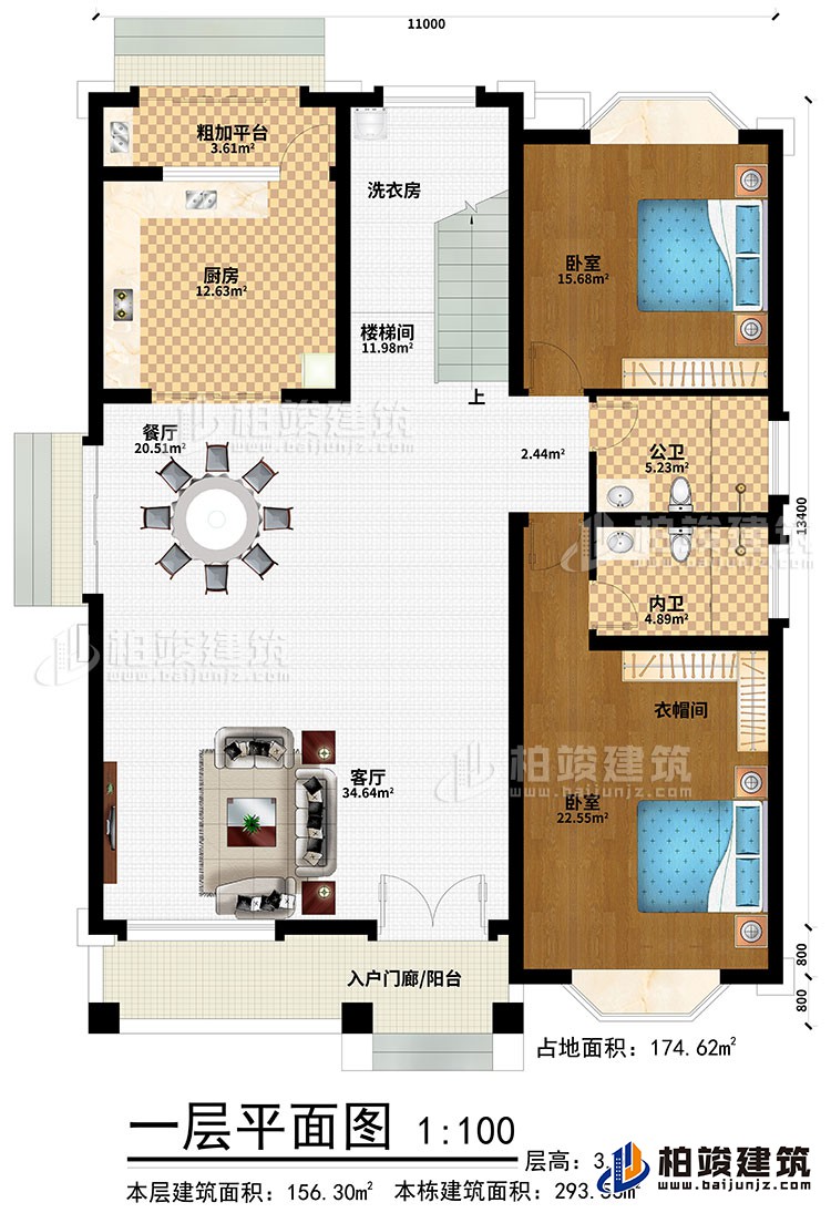 一层:入户门廊/阳台、客厅、餐厅、楼梯间、活衣房、厨房、粗加工平台、2卧室、衣帽间、公卫、内卫