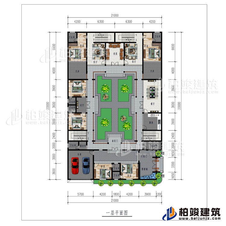 一层:月亮门、影壁墙、6卧室、车库、6内卫、公卫、储藏室、厨房、餐厅、过厅、2天井2客厅、堂屋、垂花门