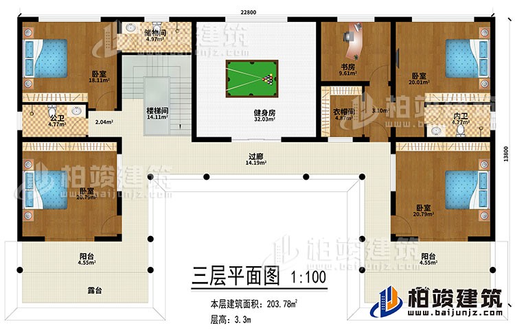 三层:健身房、过廊、楼梯间、4卧室、书房、衣帽间、公卫、2内卫、2阳台、2露台、