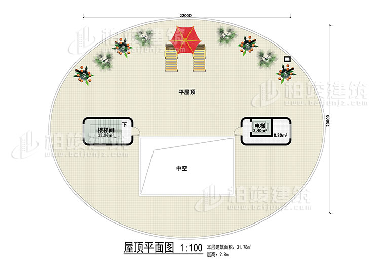 屋顶:平屋顶、楼梯间、电梯、中空