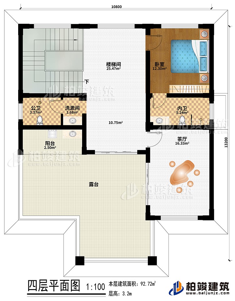 四层:楼梯间、卧室、洗漱间、公卫、内卫、阳台、露台
